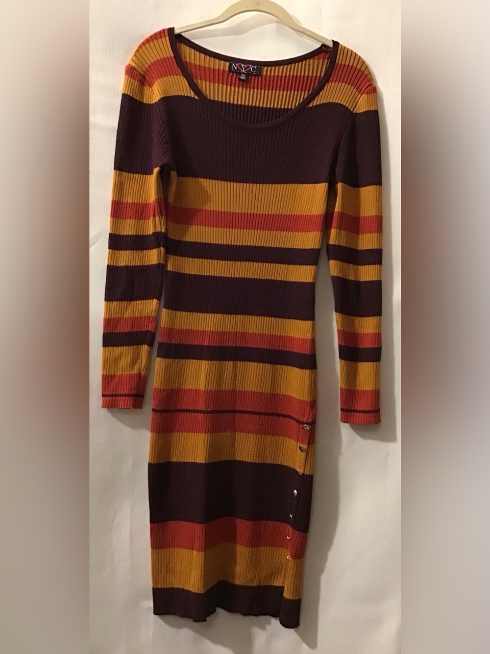 560 New York & Company Striped Rib-Knit Long Sleeve Dress in Mustard & Burgundy
